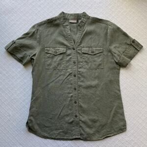 Chico's 100% Linen Short Sleeve Button Down Safari Top Olive Green Womens Small